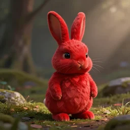 an adorable crimson bunny creature with heart patters on its fur