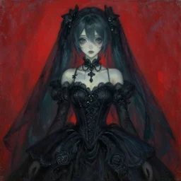 A very soft and dark haunting oil painting of Hatsune Miku in a black ornate wedding dress, big eyes, scarlet background, by Oskar Kokoschka, ethereal, evil presence, haunted painting