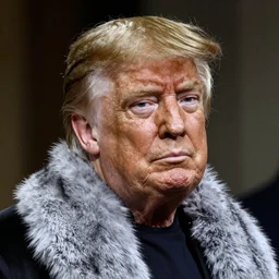 beautiful diffused portrait of Trump with a silver fur collar, his golden hair glints with perfection, trending on artstation 8k 70mm