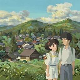 A beautiful landscape painting of a small japanese village by Alfons Maria Mucha and Julie Dillon and Makoto Shinkai