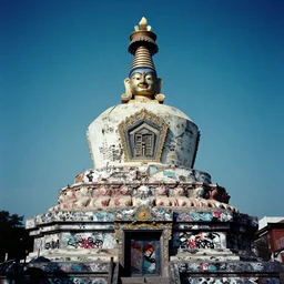 cyberpunk buddhist nepalese padmasambhava stupa covered in graffiti, 3 5 mm photography by saul leiter, leica canon fujifilm agfa velvia kodak, analogue