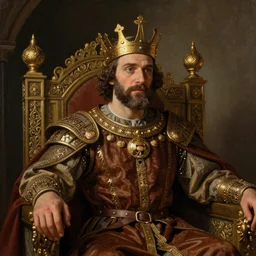 A portrait of Mr. Bean depicted as a medieval king on throne, very close-up shot, atmospheric lighting, painted, intricate, volumetric lighting, beautiful, rich deep colours masterpiece, golden hour, sharp focus, ultra detailed, by Leesha Hannigan, Ross Tran, Thierry Doizon, Kai Carpenter, Ignacio Fernández Ríos