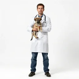 battle-worn veterinarian holding a puppy, photorealistic portrait photography, full body, standing, isolated on a pure white background, centered, whole figure in frame, sharp focus, studio lighting