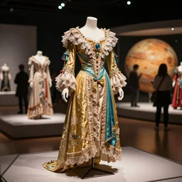 the film still photographed image is of 1 9 0 0 s haute couture opera ensemble is featured in a museum exhibit. the ensemble is inspired by pluto, the dwarf planet. vibrant cinematography, anamorphic lenses, upscale, hyper realistic photo, crisp, detailed image in 8 k resolution.