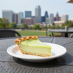a photo of a slice of key lime pie on a patio table with the Denver skyline as the background