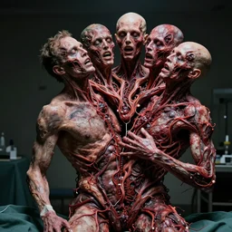 stunning documentary style photo of experimental surgery of a man sewn together to another man with multiple heads multiple arms grotesque twisted vein covered splotchy skin of despair, painful merging of bodies disgusted siamese horror conjoined psychotic painful people award winning style photography irving penn