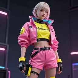 cyberpunk photorealistic character, tech wear outfit, pink and yellow, edgy, awe inspiring