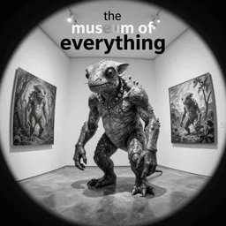 the museum of everything, in the style of Robert McCall and Liz Danforth,trending on artstation, expensive lighting fish eye,creature concept art,black and white,oil and canvas ,in the silver hour,hyperrealism,
