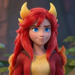 a cute red firefox dressed human girl with blue eyes cinematic lighting