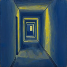 cinematic hyper realism highly detailed painting of a blue corridor with yellow lights, by Edward Hopper