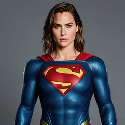 a portrait of Gal Gadot wearing Superman suit of Henry Cavill version