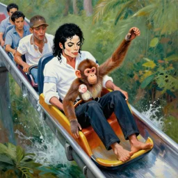 michael jackson going down a waterslide with a monkey, highly detailed painting by gaston bussiere, j. c. leyendecker, greg rutkowski, craig mullins 8 k