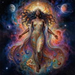 highly detailed digital painting of a black female celestial being experiencing nirvana in space, colorful nebulas and planets in the background, highly detailed, intricate design, cinematic lighting ,  8k resolution,  artstation,  by Victor Mosquera, Akihiko Yoshida, Alphonse Mucha and Moebius
