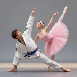 jiu jitsu athlete and a ballet dancer doing an extreme stretch choreography, dance photography, pastel colors palette, 3 d scan, high detail, zoom in, foreshortening, natural light