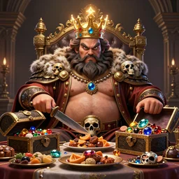an intricate concept art, photorealism, a angry fat bearded king with knife in his hand, feasting on a table full of food, skull throne, treasure chest full of jewelries, glowing crown, ultra photorealistic, pinterest, artstation, cgsociety, pinterest, digital art, hyper detail, anime colors, style by wlop, octane render, 8 k