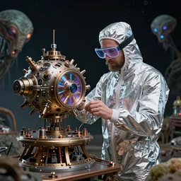 A mad scientist creating an intricate and mechanically complex time machine on an alien planet, wearing an aluminum onesie and smartglasses
