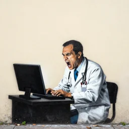 a banksy style street art of a physician screaming at a computer