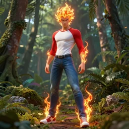 real nagatoro using white and red tight raglan sleeves, tight blue jeans and cool shoes in a tropical forest, epic hair glowy fire flames, artstation, 3 d ray tracing, lumen, octane render flawless masterpiece concept art professionally post processed by wlop