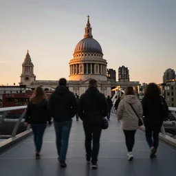 a photograph of people walking over the millennium bridge in london, towards st paul's cathedral at sunset, long exposure, street photography, candid, urban photography, cityscape, fujifilm, fujinon, 2 4 mm focal length, dramatic lighting, golden hour
