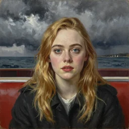 Elle Fanning at a diner, head and shoulders portrait, stormy weather, extremely detailed masterpiece, Roger Deakin’s cinematography, oil on canvas, Rembrandt,