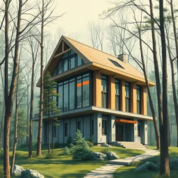 a post - modern building in the woods. highly detailed, digital painting, watercolor, soviet realism, engraving, artstation, concept art, smooth, sharp focus, vivid grunge, manga, illustration, unreal engine 5, 8 k, art by bilibin and kuvshinov and malevich and mucha