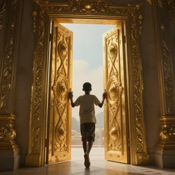 an 8 k resolution matte painting of an african boy entering a magical, golden, very ornate door that leads to futuristic heaven, by michael whelan with cinematic, volumetric lighting