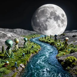 a river on the moon with a alien civilization growing on it. hyper realistic, 8 k.