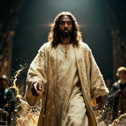holy saint kanye west as jesus in skyrim, saint, holy, splash art, movie still, cinematic lighting, dramatic, octane render, long lens, shallow depth of field, bokeh, anamorphic lens flare, 8 k, hyper detailed, 3 5 mm film grain