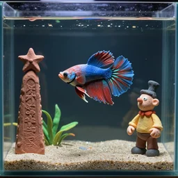plasticine model in water. figures clay. siamese fighting fish. clay figure. surreal. tropical fish tank with sand. strange. weird. astrix and obelisk. tintin. hands. tank. wallace and gromit. aquatic photography. photorealistic. waiting room