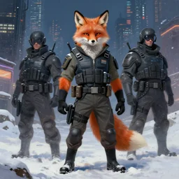 anthropomorphic fox wearing swat gear in a cyberpunk city at night in the snow, character design, painting by gaston bussiere, craig mullins, j. c. leyendecker, tom of finland