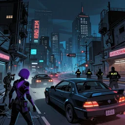 detailed ultra - realistic graphic novel illustration of shadowrun cyberpunk desolate industrial district, car chase, police and hackers, shadowun night city perspective view, inspired by famous digital illustrators, violet, black, blue vibrant colors