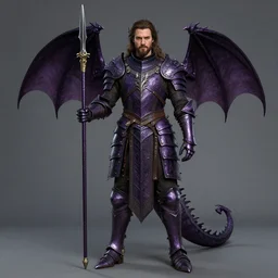 Karl Urban as a Dragonslayer, wearing dark purple armor, draconic design, high fantasy, spear, no helmet, long hair, beard, by Frank Franzzeta, single character, full body on display, cgsociety, trending on artstation, artstationHD, artstationHQ, octane, extremelly detailed, ornamental, intrinsic, fine details