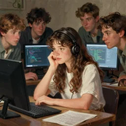 an e - girl trying to learn python surrounded by mid tech bros overwhelming her with bad advice in the style of a norman rockwell painting
