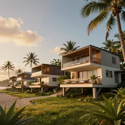 modern bungalows on island resort beach, tropical summer landscape with houses on piles with terrace, palm trees, cinematic view, epic sky, detailed, concept art, low angle, high detail, warm lighting, volumetric, godrays, vivid, beautiful, trending on artstation, by jordan grimmer, huge scene, grass, art greg rutkowski