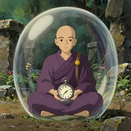 hyperrealist, studio ghibli dull colors portrait from close encounters of the third kind 1 9 7 7 of a mauve pocketwatch monk meditating in a cubic bubble jungle desert stonehenge.