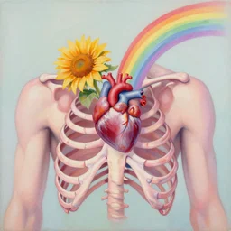 a beautiful acrylic painting by andreas rocha and jeremiah ketner of an open rib cage with a human heart and sunflowers and rainbows bursting out. pastel color palette