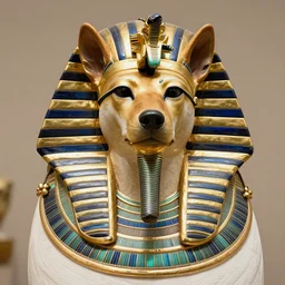 egyptian royal funerary mask of a shiba inu dog faced pharaoh