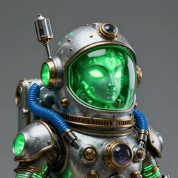 awardwinning portrait photo of a steampunk vishnu, wearing a glowing green and silver metallic steampunk astronaut helmet with blue tubes and shiny metallic devices, 3 d render, crisp, 8 k, fluorescent colors, insanely integrate, nikon photography