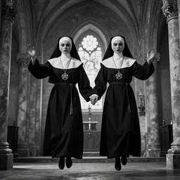 black and white, award winning photo, levitating twin nuns, wearing pentgram necklace, Very long arms, in a sanctuary, eerie, frightening —width 1024 —height 1024