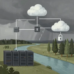 illustration of a data-center architecture schema, connector, firewall, cloud, security, river, trees, thunderstorm, trending on Artstation, painting by Jules Julien, Leslie David and Lisa Frank and Peter Mohrbacher and Alena Aenami and Dave LaChapelle muted colors with minimalism