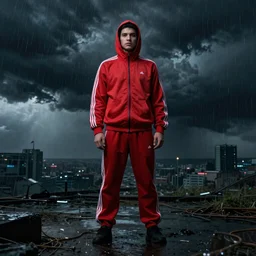 CHAPPIE In A Red Adidas Track Suit, full figure, stormy weather, extremely detailed masterpiece, low-key neon lighting, artstation, 2001: A Space Odyssey, Roger Deakin’s cinematography, by J. C. Leyendecker and Peter Paul Rubens and Edward Hopper and Michael Sowa