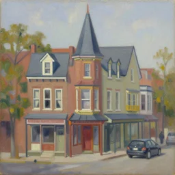 quaint little toy town, main street elevation, grant wood, pj crook, edward hopper, oil on canvas