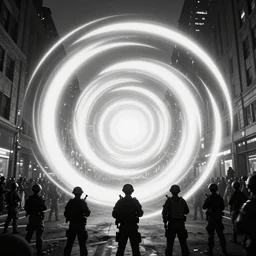 black army protecting spiral - shaped bright white luminous attractor right in the center of the city from protesting people with flames, rain and light fog, professional lighting, concept art in 3 d, high detail, professional lighting, unreal engine