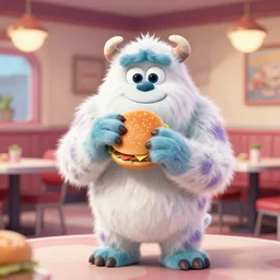 a photo of a white fur monster standing and eating a hamburger in a resteroom in disney style,