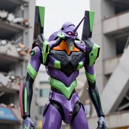 evangelion unit 0 1 pallete, zoom shot, telephoto lens, low aperture street level, buildings collapsed