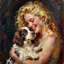 oil painting of blonde woman with a spaniel puppy with intense feeling and great poignancy. the characteristics of the painting are its strong colors, its deep shadows, and its overall feeling of great movement. the style of the painting is expressive and deeply emotional. happiness and love.