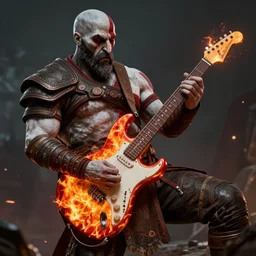 kratos rocking out on a flaming stratocaster guitar, cinematic render, god of war 2 0 1 8, playstation studios official media
