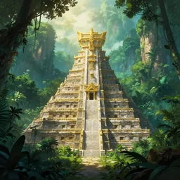 aztec temple hidden in jungle, lush forest, mountains, environment design, beautiful, mysterious, concept art, league of legends splash art, gold and white highlights, ghibli, dramatic lighting, backlighting, epic scale