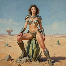 A mixed media portrait painting of a beautiful woman posing on an alien plant in a barren desert, soldier, curvy, futuristic sci-fi armored bikini and boots, detailed Aesthetic! face and eyes, slavic, by Boris Vallejo, Beeple, Frank Frazetta, Greg Rutkowski, Christian MacNevin, epic fantasy character art, high fantasy, CGsociety, 60's Sci-fi Pinup style, exquisite detail, post-processing, masterpiece, cinematic, crysis