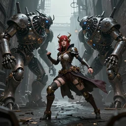 a steampunk girl battling giant mechanical monsters in an alleyway by coven morgana, dynamic pose, trending on artstation, digital art, dark fantasy, steampunk, concept art